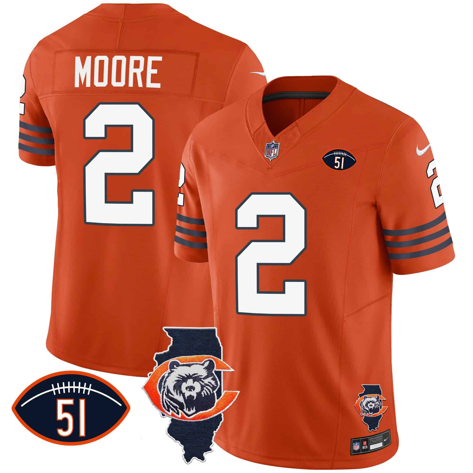 Men Chicago Bears #2 Moore Orange 2024 Nike Throwback Illinois Patch Vapor NFL Jersey